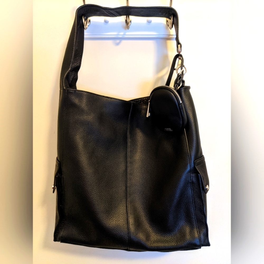 NWT Vince Camuto Black Pebbled Leather Bag w/silver accts, coin case, dust bag - Picture 2 of 13